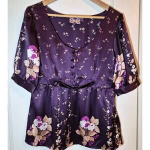 ANTHROPOLOGIE Vintage Floral‎ Silk Purple Blouse Large *read*